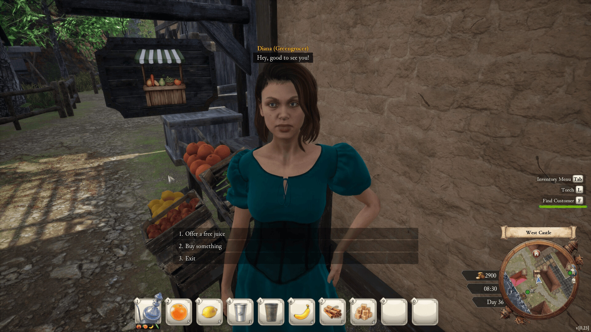 Dialogue with Diana the Greengrocer beside fruit crates, with juice and shop interaction choices visible.
