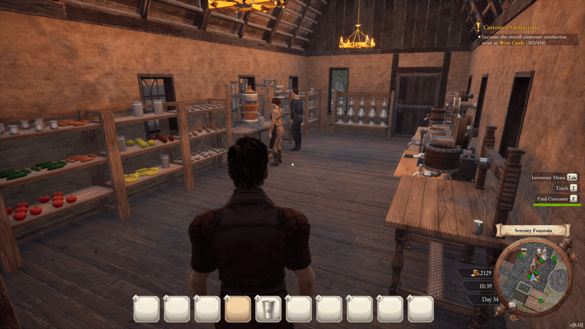 Interior of a medieval juice workshop with stocked produce shelves, hand-cranked machinery, the player, and nearby NPCs.